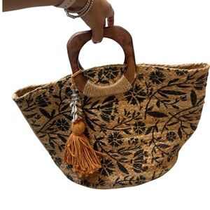 Antik Kraft Jute Floral Wooden Top Handles Handbag Beach Tote Bag Boho Resort